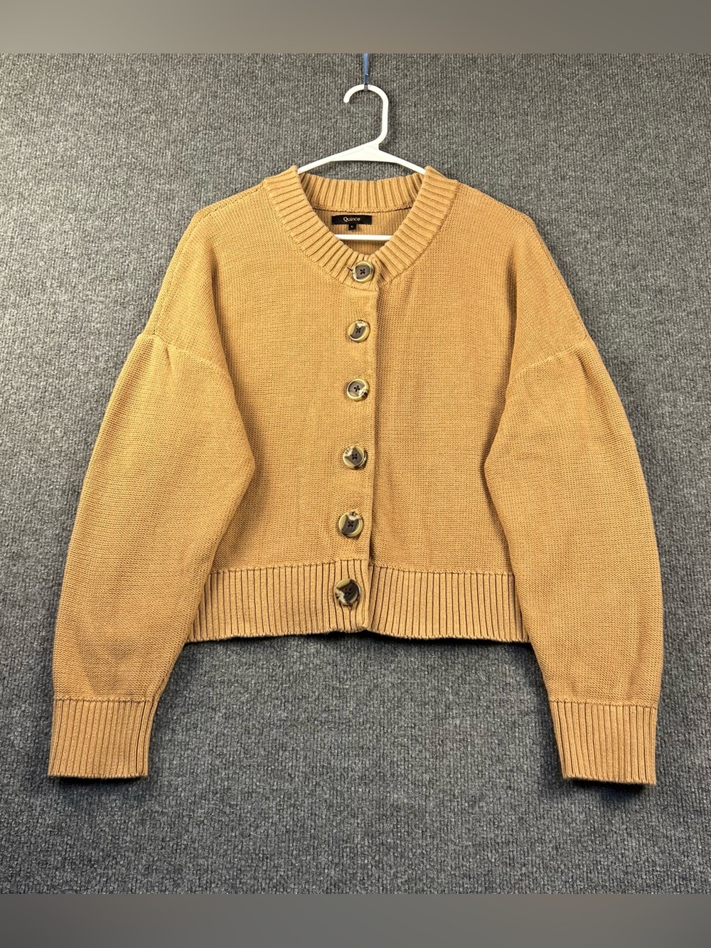 Quince Sweater Camel Cropped Cardigan Button Front 100% Organic Cotton Size L